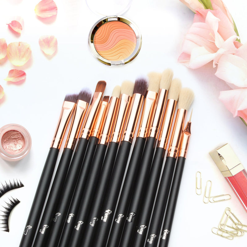 [Australia] - Qivange Eye Makeup Brushes Set, Synthetic Eyeshadow Brushes Eye Makeup Brush Set Cosmetics Brushes Concealer Eyebrow Eyeliner Eyeshadow Blending Brushes(12pcs, Black with Rose Gold) 