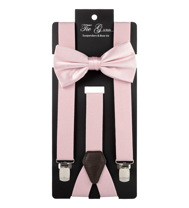 [Australia] - TIE G Solid Color Men's Suspender + Woven Bow Tie Set for Wedding : Vivid Color, Adjustable Brace, Strong Clip, Elastic Band Blush 