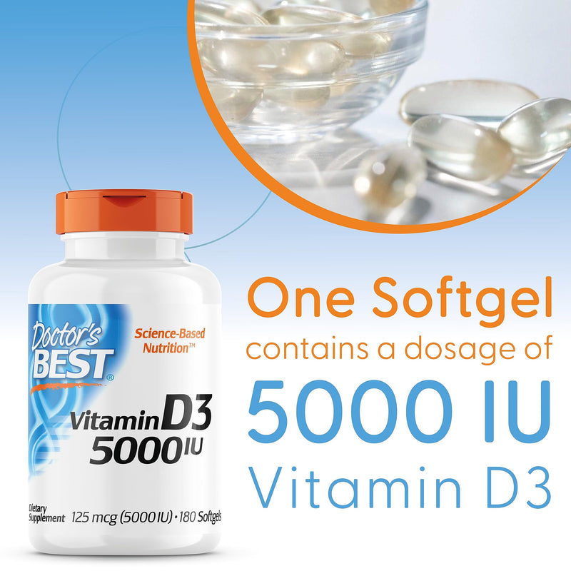 [Australia] - Doctor's Best, Vitamin D3, 5,000IU, High dose, Depot Weekly dose, 180 Soft Capsules, Laboratory Tested, SOYA-Free, Gluten-Free, Non-GMO 180 count (Pack of 1) 