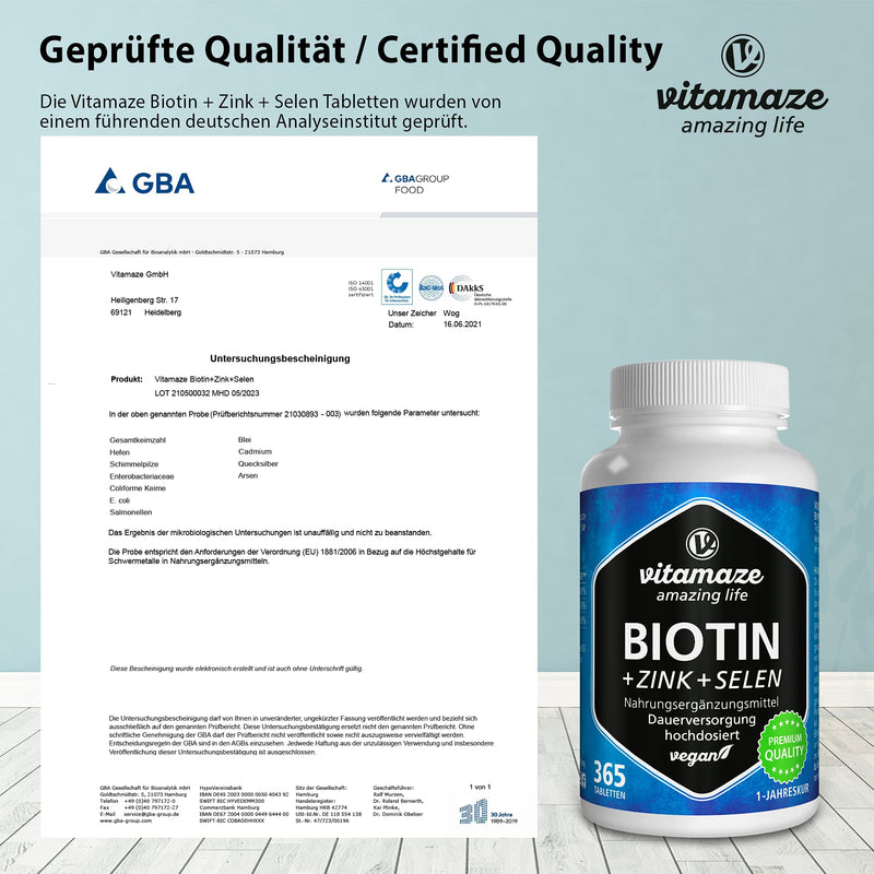 [Australia] - Biotin Hair Growth 10.000 mcg Complex - with Selenium and Zinc - 1 Year Supply for Hair, Skin and Nails - 365 Vegan Tablets - German Quality - Vitamaze� 