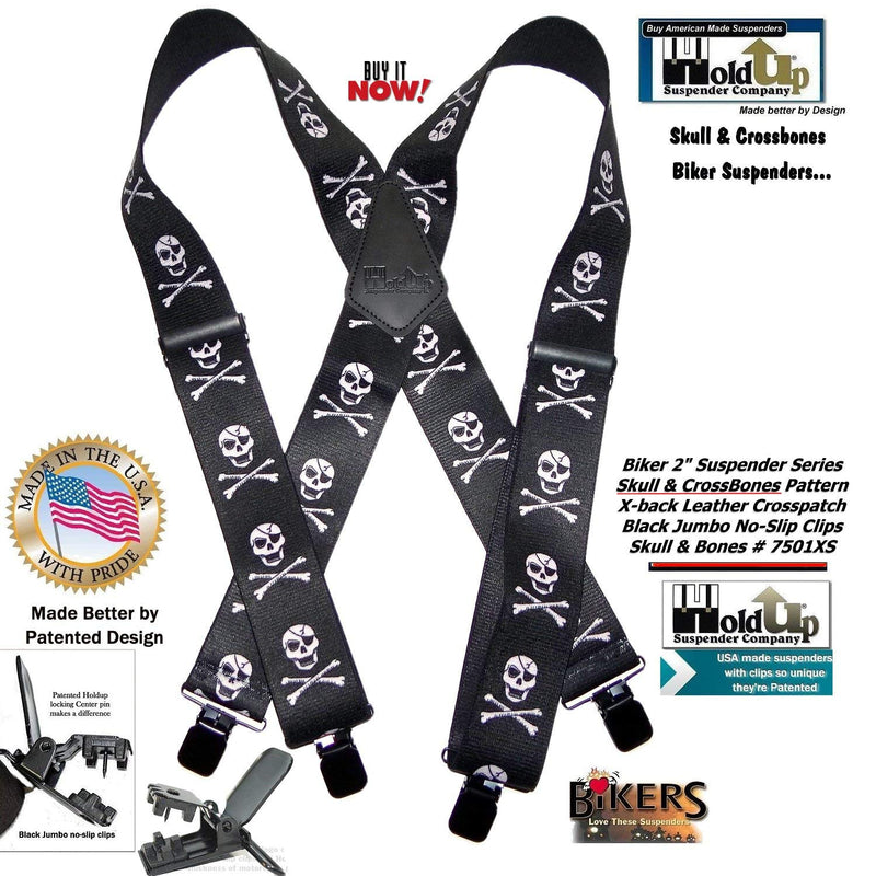 [Australia] - Holdup Brand Skull & Crossbones pattern X-back Biker Suspenders with Jumbo No-slip Clips 