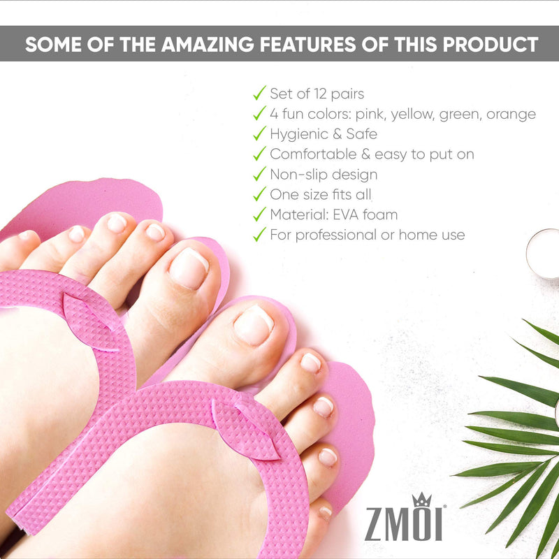 [Australia] - Pedicure Slippers – EVA Foam 12 Pairs – One Size Fits All Disposable Anti-Slip Flip Flops for Pedicure – Comfortable and Safe – 4 Fun Colors – Ideal for Spa, Nail Salon 