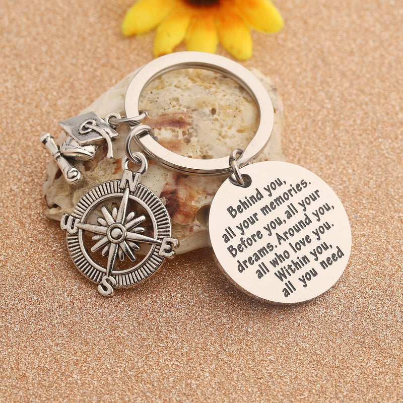 [Australia] - LQRI Inspirational Graduation Gift Keychain Behind You All Memories Before You All Your Dream Keyring Compass Grad Cap Jewelry Class of 2020 Graduates Gifts sliver 