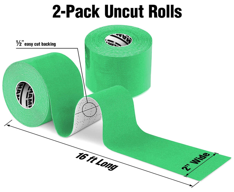 [Australia] - (2 Pack) Kinesiology Tape for Physical Therapy Sports Athletes – Latex Free Elastic, 16ft Water Resistant Kinetic Uncut Kinesiology Tape for Knee Pain, Elbow & Shoulder Muscle - Green 2 Count (Pack of 1) 