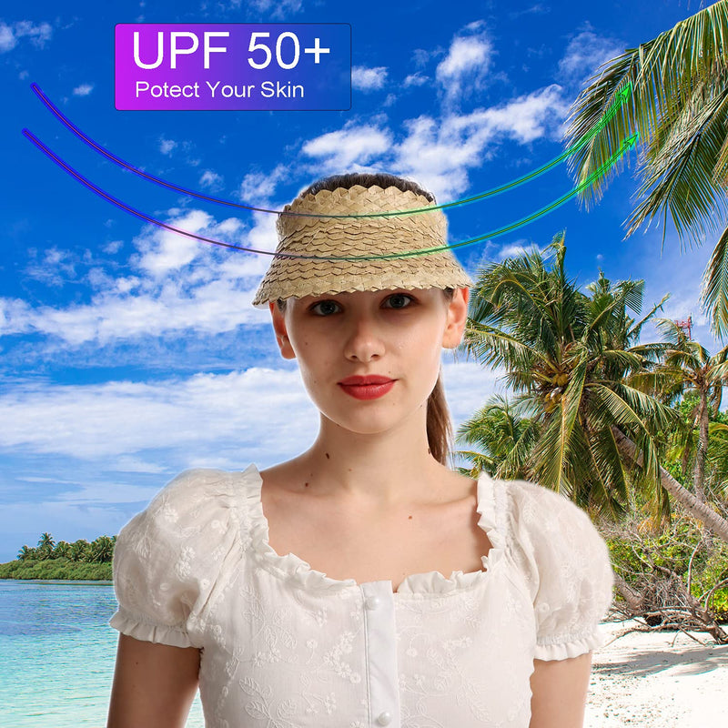 [Australia] - Outrip Straw Sun Visors Hats for Women Beach Summer Wide Brim UV Protection Roll-up Golf Tennis Running Visor Beige 