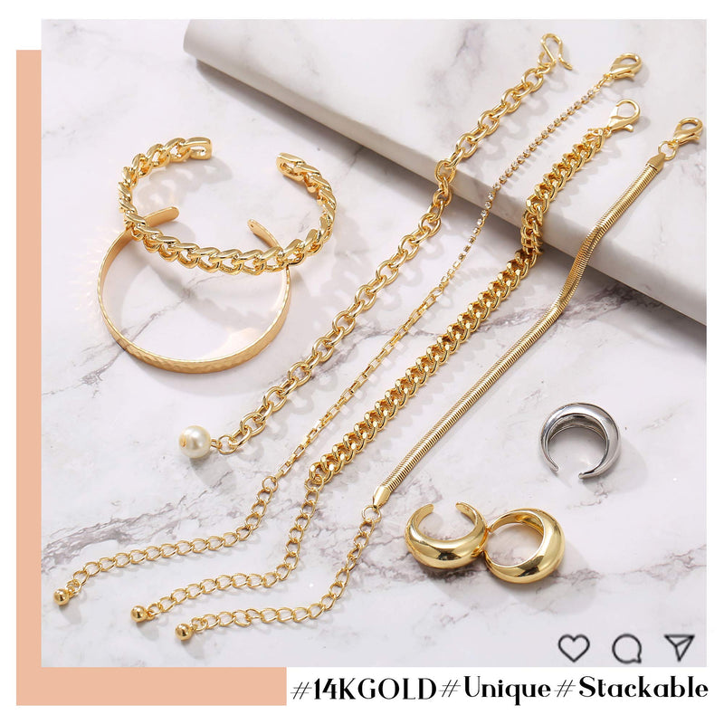 [Australia] - Gold Cuban Chain Bracelet Set & Open Dome Rings Set 14K Gold Plated Cuff Bangles Bracelets for Women Girls (9PCS) 9PCS(GOLD) 