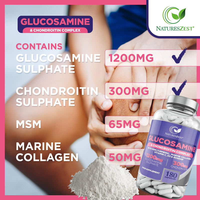 [Australia] - Glucosamine and Chondroitin High Strength Capsules - Glucosamine Complex with MSM – 180 Glucosamine Capsules - with Vitamin C, Rosehip, Turmeric Curcumin & Marine Collagen – UK Made by Natures Zest 