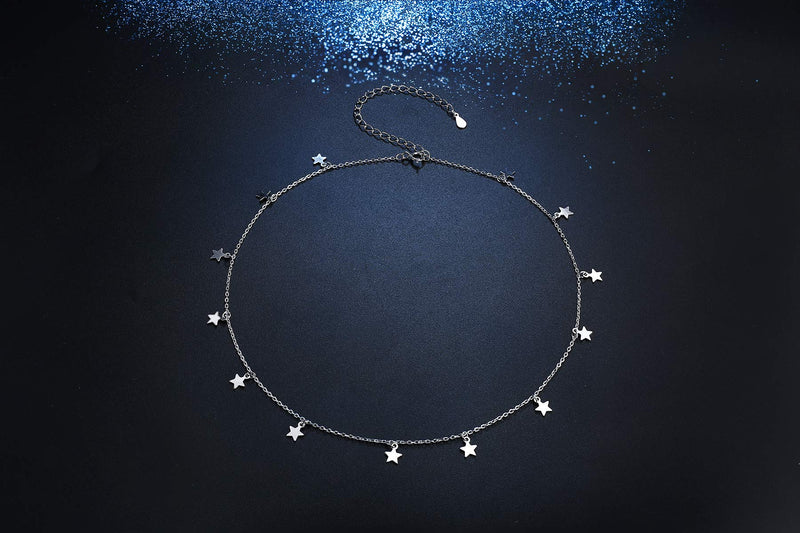 [Australia] - S925 Sterling Silver Stars Moon Dot Choker Short Dainty Necklace for Women Jewelry 