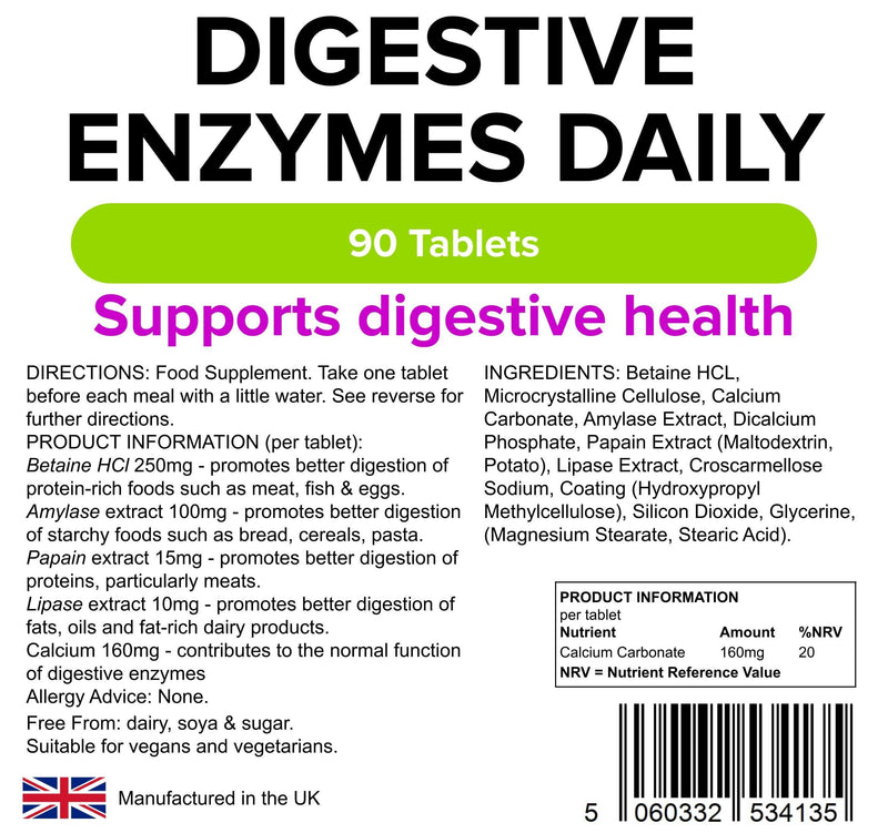 [Australia] - Lindens Digestive Enzymes Daily Tablets - 90 Pack - Contains Betaine Hcl, Papain, Amylase & Lipase to Promote Better Digestion - UK Manufacturer, Letterbox Friendly 90 Count (Pack of 1) 