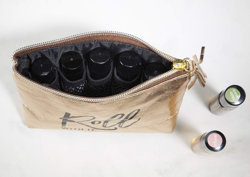 [Australia] - Stylish & Eco-Friendly Essential Oil Roller Bottle Carrying Case - Washable Paper Aromatherapy Travel Organizer - 5 x Mesh Compartments For Roller Bottles - BONUS Cotton Carry Bag - Perfect Gift Idea 