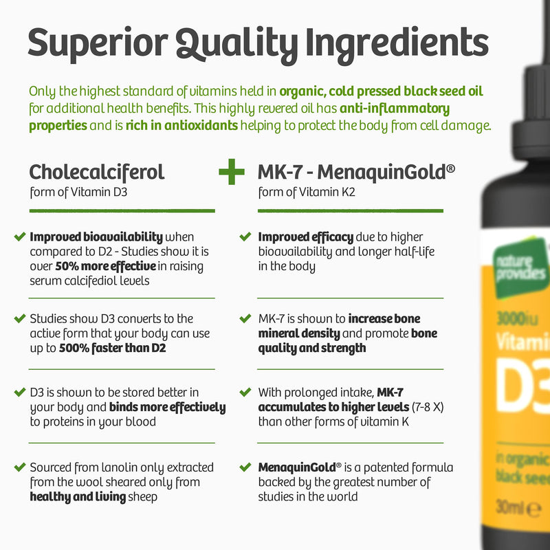 [Australia] - Vitamin D3 & K2 (MK-7) in Organic Black Seed Oil (30ml) High Strength Liquid (3,000IU). MK-7 is 100% Trans. Immune Support Sublingual Drops (Made in The UK) 