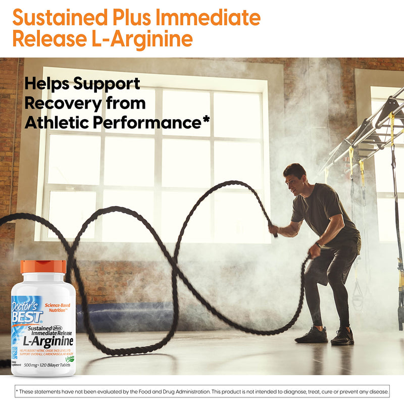 [Australia] - Doctor's Best Sustained Plus Immediate Release L-Arginine, Non-GMO, Vegan, Gluten & Soy Free, 500 mg, 120 Count 
