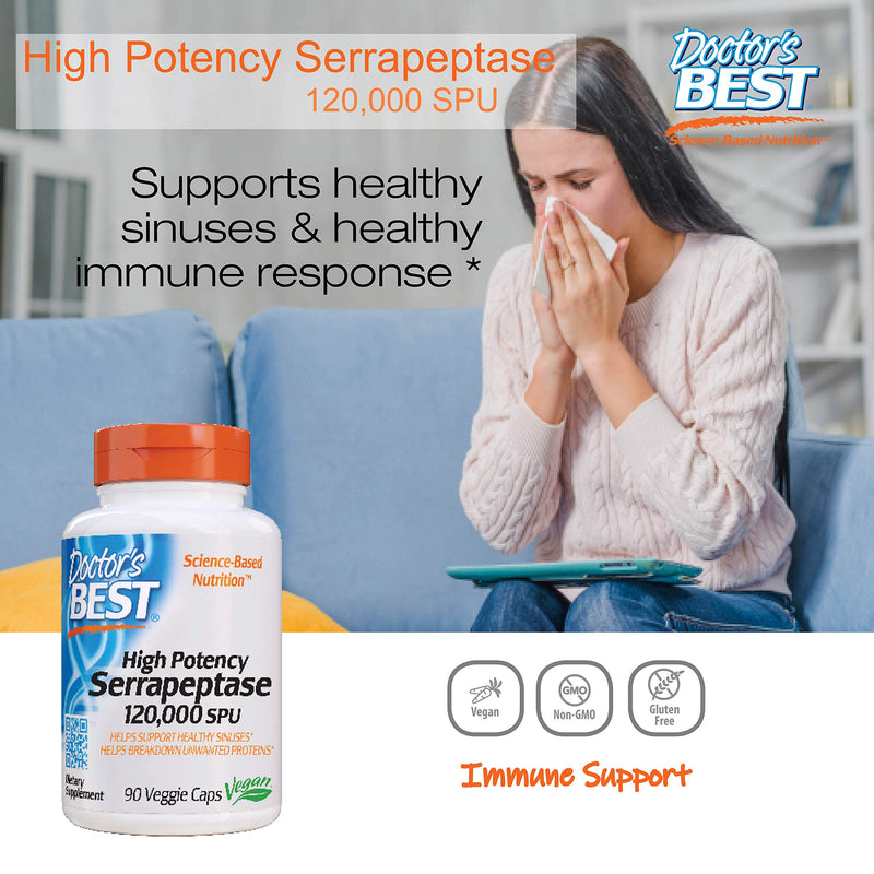 [Australia] - Doctor's Best High Potency Serrapeptase, Non-GMO, Gluten Free, Vegan, Supports Healthy Sinuses, 120,000 SPU, 90 Count 