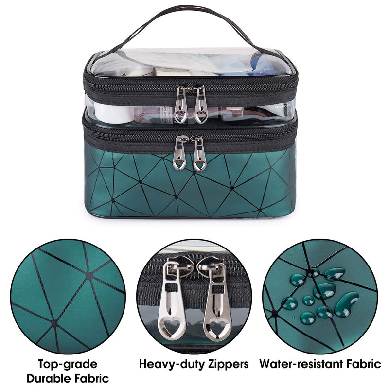 [Australia] - WANDF Double Layer Makeup Bag Large Cosmetic bag Clear Travel Cosmetic Case Toiletry Bag Water-resistant for Women Girl Camping College (Dark Green) Dark Green 