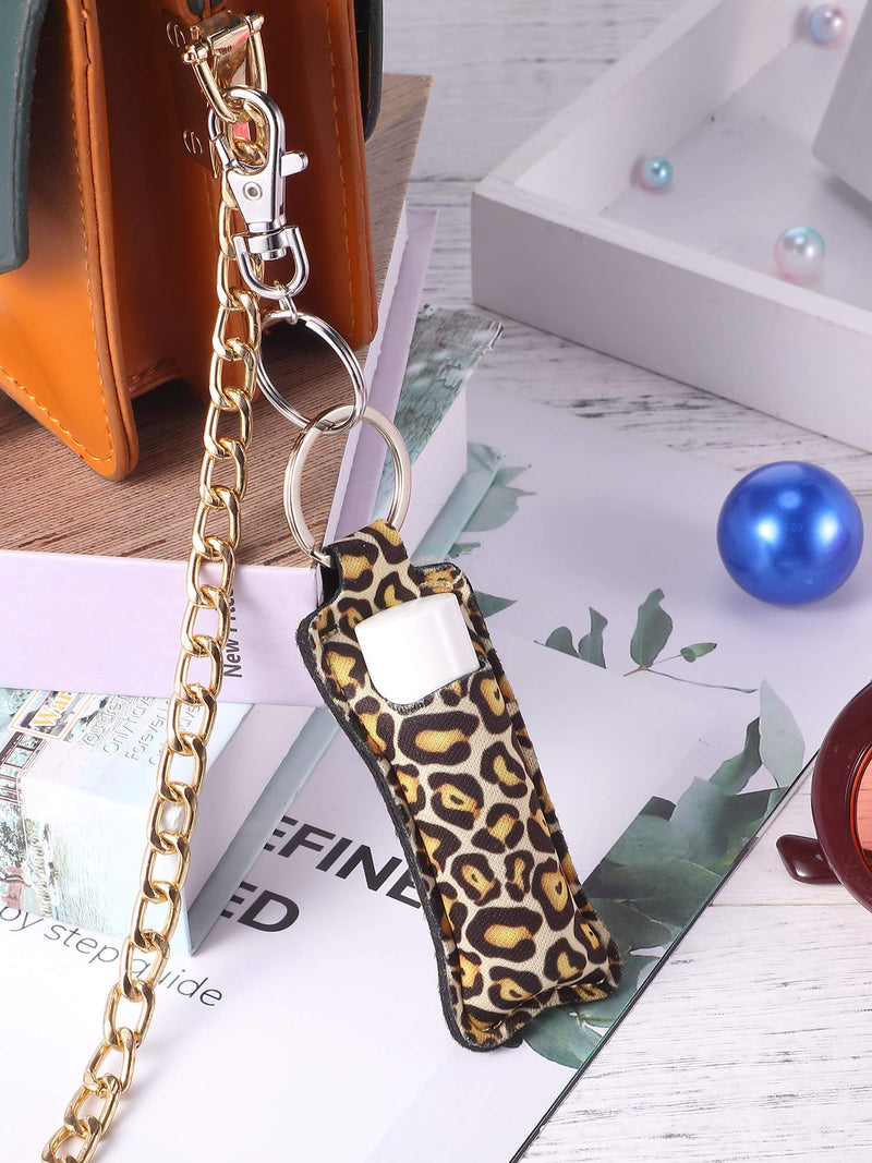 [Australia] - 10 Pieces Chapstick Holder Keychain Clip-on Sleeve Chapstick Pouch Lip Balm Holder Sleeve with 10 Metal Key Chains for Travel Daily Accessories, Leopard Style 