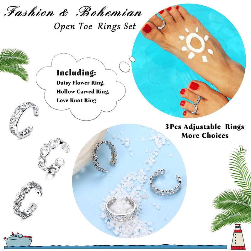 [Australia] - Udalyn 3 Pcs 925 Sterling Silver Open Toe Rings for Women Adjustable Band Rings Finger Foot Jewelry Set Hypoallergenic Open Toe Rings B: silver flower toe rings 