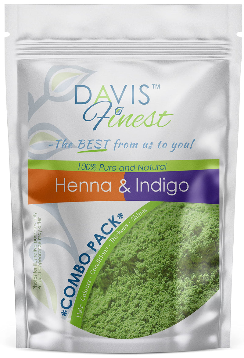[Australia] - Davis Finest Henna Indigo Powder Hair Dye-Colour Combo Pack – Chemical-Free Natural Hair Dye for Brown/Black Hair/Beard - 100g Henna + 100g Indigo 