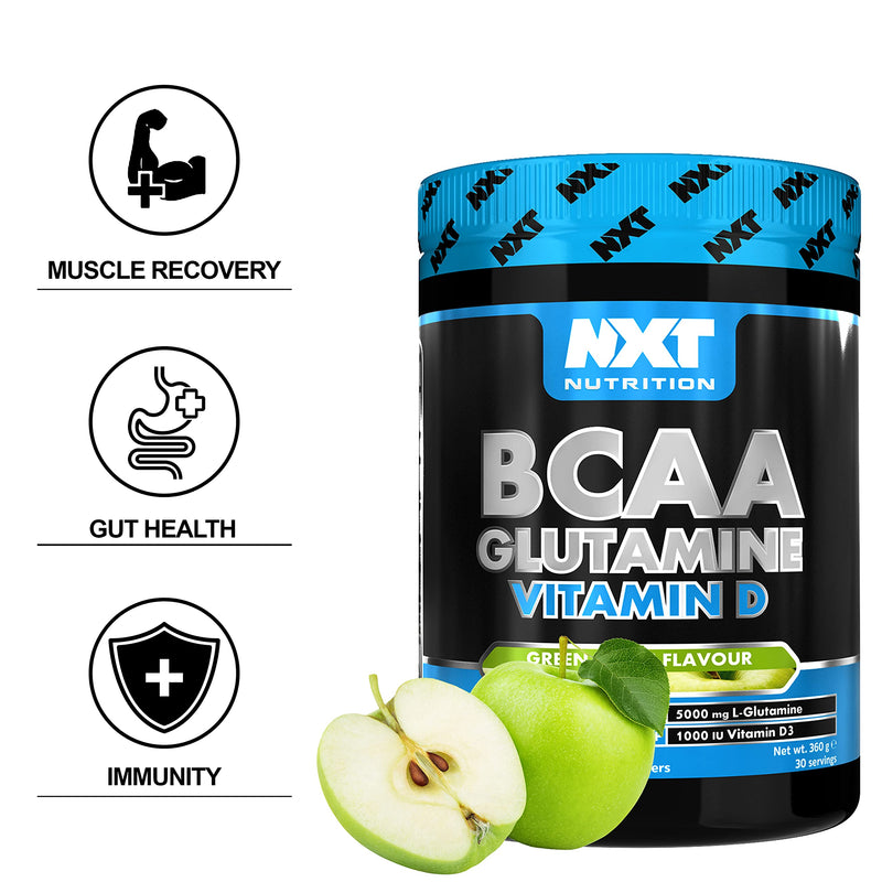 [Australia] - NXT Nutrition BCAA, Glutamine & Vitamin D | BCAAs Amino Acids with Vitamin D3 and L-Glutamine - for Recovery, Gut Health and Muscle Protein Synthesis | 360g - 30 Servings (Apple) 
