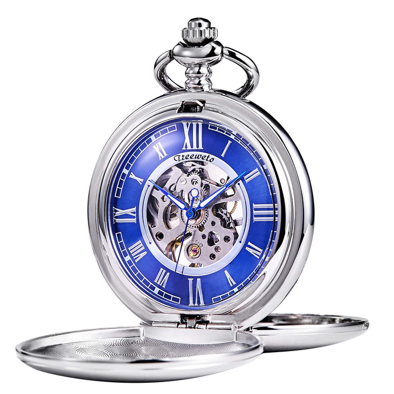[Australia] - TREEWETO Pocket Watch - Smooth Double Case Series Skeleton Dial Delicate Mechanical Movement with Chain, Gold/Silver silver 