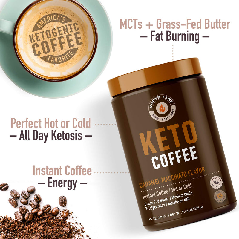 [Australia] - Rapidfire Ketogenic Fair Trade Instant Keto Coffee Mix, Supports Energy, Metabolism, and Weight Loss, Grass Fed Butter, MCTs & Himalayan Salt, 15 servings, Caramel Macchiato Flavor, 7.93 Ounce 