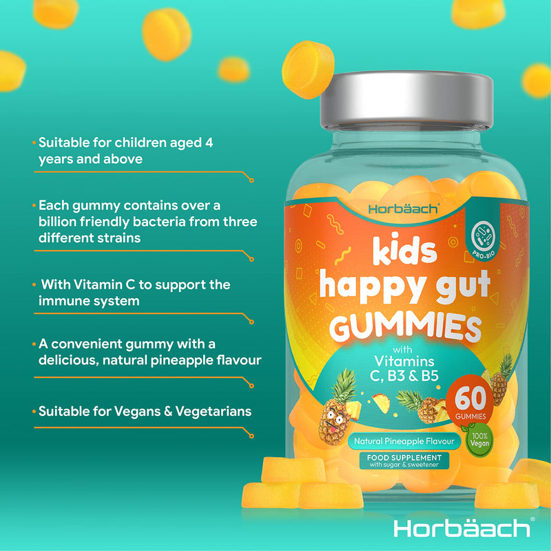 [Australia] - Probiotics for Children | 60 Gummies | Natural Pineapple Flavour | with Vitamin C, B3 & B5 | Vegan Supplement for Immune Support & Gut Health | by Horbaach 