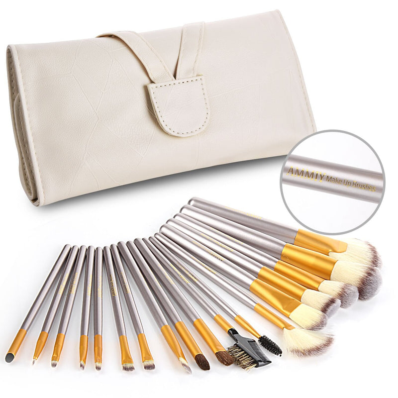 [Australia] - AMMIY Makeup Brushes 18 PCs Makeup Brush Set Professional Wood Handle Premium Synthetic Contour Concealers Foundation Blending Face Powder Eye shadow Cosmetic Brushes with PU Leather Bag (Champagne) 