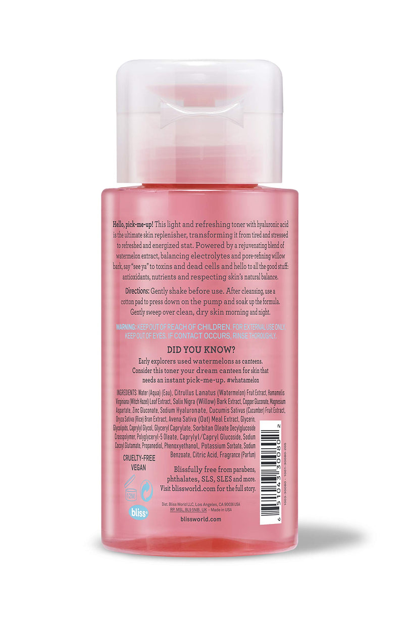 [Australia] - Bliss What a Melon Replenishing Watermelon Toner with Witch Hazel and Willow Bark | Replenishes, Refreshes and Energizes Tired Skin | Clean | Cruelty-Free | Paraben Free | Vegan | 7 oz 