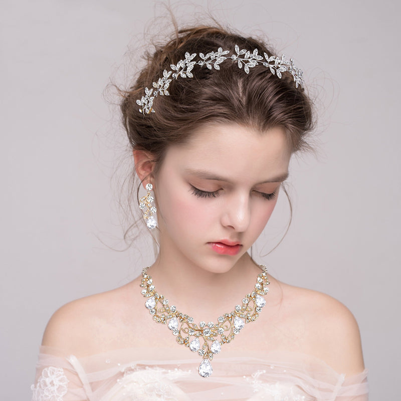 [Australia] - BriLove Women's Bohemian Boho Crystal Filigree Vine Leaf Hollow Enamel Statement Necklace Dangle Earrings Set Clear Gold-Tone 