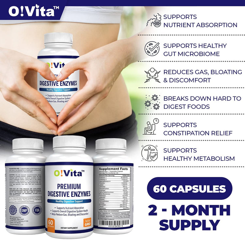 [Australia] - O!VITA Premium Digestive Enzymes with Plant-Based enzymes, Supports Better Digestion, Better Nutrient Absorption (60 Non-GMO Vegetable Capsules) 