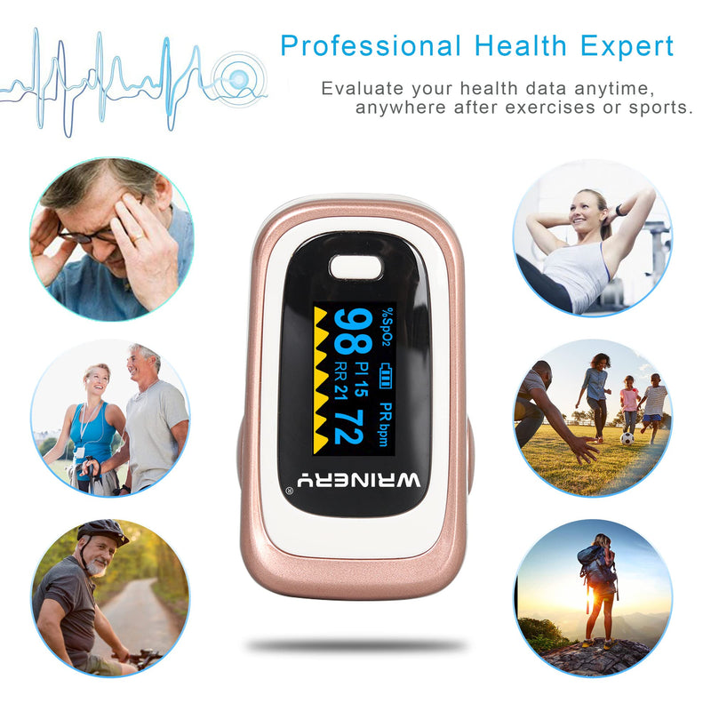 [Australia] - WRINERY Oxygen Saturation Monitor, Pulse Oximeter Fingertip, Oxygen Monitor, O2 Saturation Monitor, OLED Portable Oximetry with Batteries, Lanyard (Rose gold-White) 