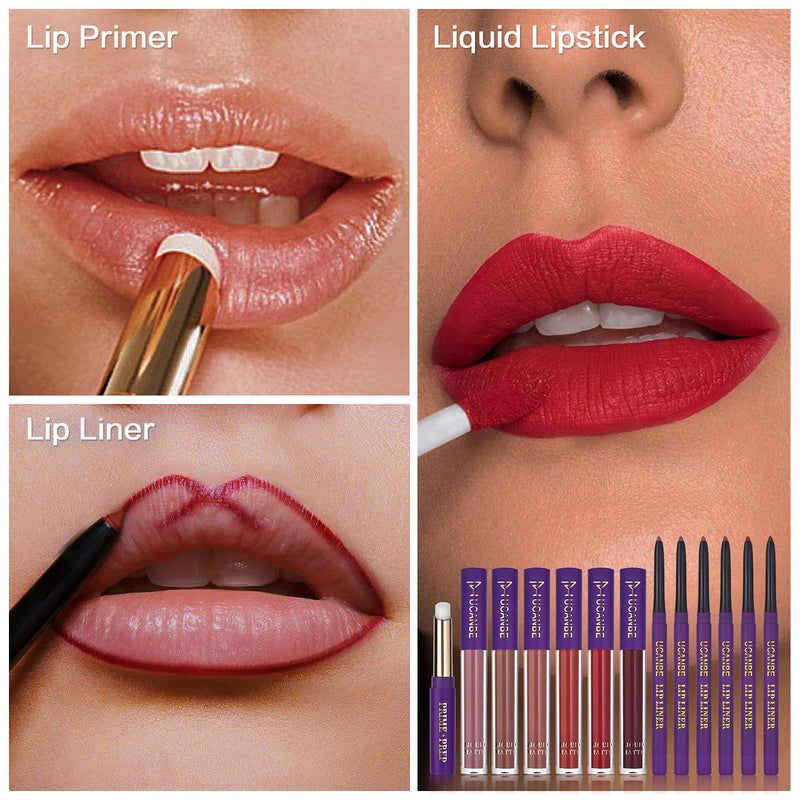 [Australia] - UCANBE 13pcs Lady's Night Lipstick Makeup Set, 6 Velvety Matte Liquid Lipsticks + 6 Matching Smooth Lipliner Pencil + 1 Moisturizing Lip Gloss Primer, Waterproof Long Lasting Lip Make Up Gift Kit 