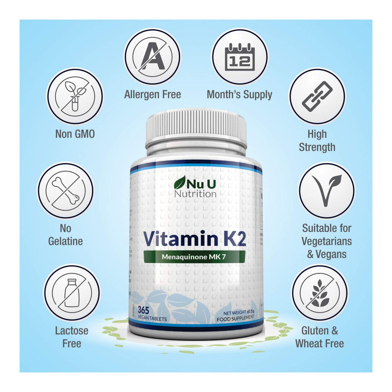 [Australia] - Vitamin K2 MK 7 200mcg - 365 Vegetarian and Vegan Tablets (not Capsules) - One Year Supply of High Strength Vitamin K2 Menaquinone MK7 from Trans-Isomer by Nu U Nutrition 