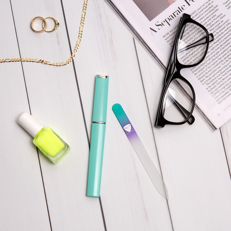 [Australia] - Glass Nail File with Case, Czech Glass Fingernail Files, Manicure Nail File for Natural Nails, Expert Precision Filing + Smooth Finish - Bona Fide Beauty Pastel Premium Nail Filer Pastel Aqua/Violet 