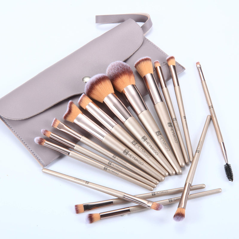 [Australia] - Makeup Brushes HEYMKGO 15PCS Champagne Gold Professional Makeup Brush Sets Foundation Brush Blending Powder Blush Concealers Eye Make Up Brush Set With PU Leather Cosmetics Bag 