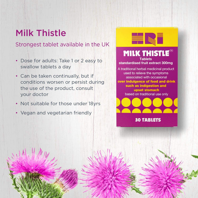 [Australia] - HRI Milk Thistle Tablets. 300 Milligrams. Highest Approved Dose of Milk Thistle on The UK Market. to Relieve Symptoms of Overindulgence of Food and Drink, Indigestion, Upset Stomach. 30 Tablets 30 Count (Pack of 1) 