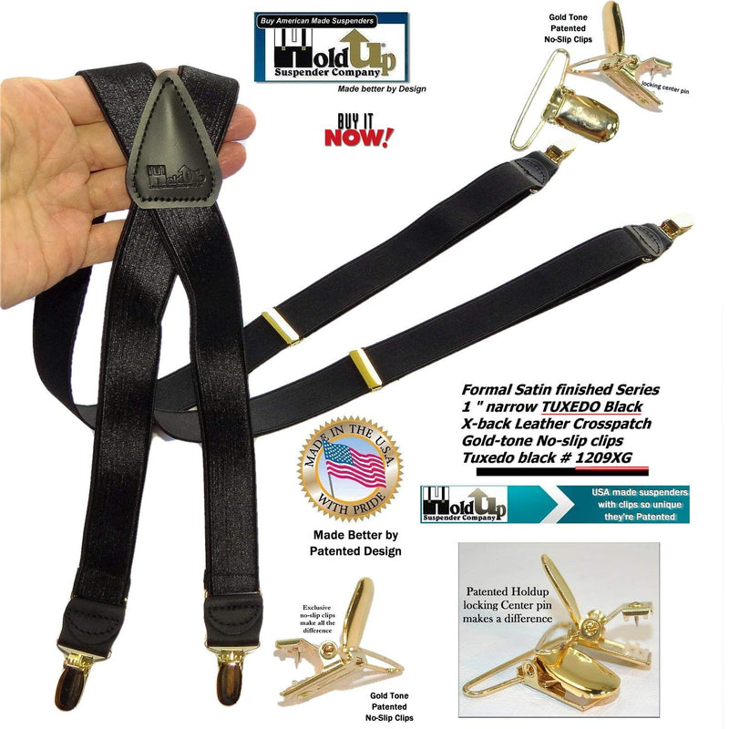 [Australia] - Holdup Suspender Company Tuxedo Black Formal Series 1" wide Satin Finish X-back Suspenders with Patented No-slip Gold-tone clips 