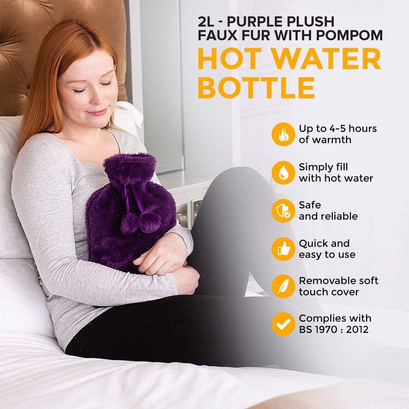 [Australia] - LIVIVO 2L Hot Water Bottle with Insulating Cover Featuring Decorative Pom-Poms - Keep Cosy and Warm (Purple) Purple 