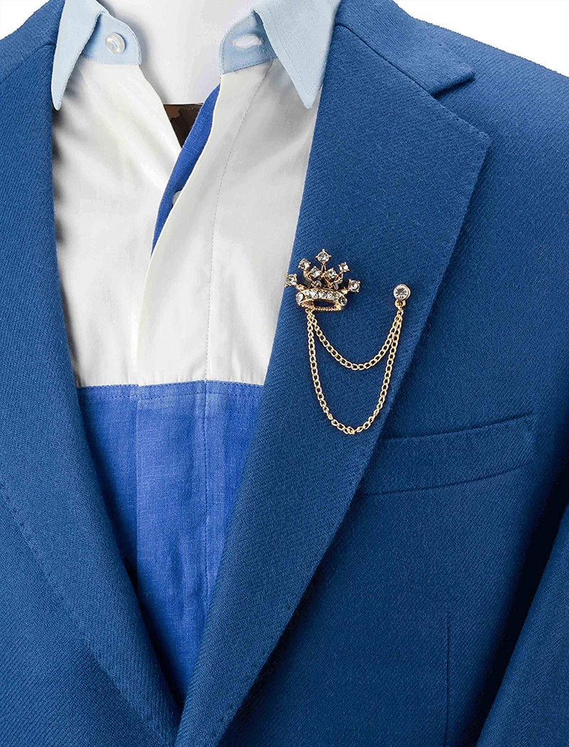 [Australia] - AN KINGPiiN Lapel Pin for Men Crystal Crown Badge with Hanging Chain Brooch Suit Stud, Shirt Studs Men's Accessories 