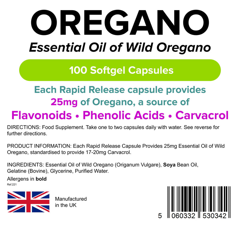 [Australia] - Lindens Oregano Oil 25mg - 100 Capsules (3+ Months Supply) - UK Made to GMP Standard | A Natural Source of Phenolic Acids and Flavonoids | Origanum Vulgare | Letterbox Friendly 
