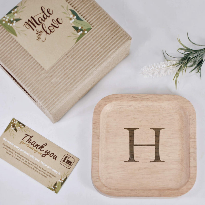 [Australia] - Solid Wood Personalized Initial Letter Jewelry Display Tray Decorative Trinket Dish Gifts For Rings Earrings Necklaces Bracelet Watch Holder (6"x6" Sq Natural "H") ุ6"x6" Sq Natural "H" 