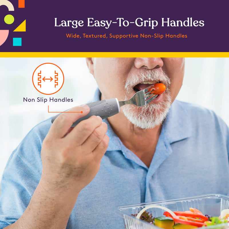 [Australia] - Special Supplies Adaptive Utensils (5-Piece Kitchen Set) Wide, Non-Weighted, Non-Slip Handles for Hand Tremors, Arthritis, Parkinson’s or Elderly Use - Stainless Steel Knives, Fork, Spoons - Grey 