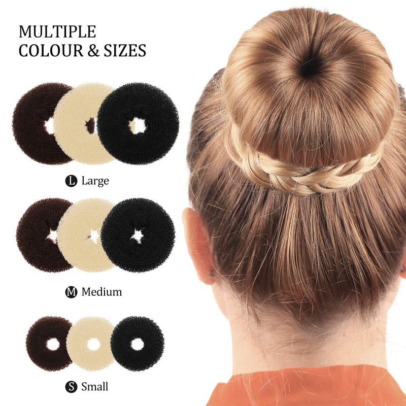 [Australia] - 9 Pieces Donut Hair Bun Maker Shaper Foam Sponge Doughnut Bun Ring Style Set with 12 Pieces Hair Elastic Bands Ties and 32 Pieces Hair Bobby Pins for Women Girls Kids (Black, Brown and Beige) 