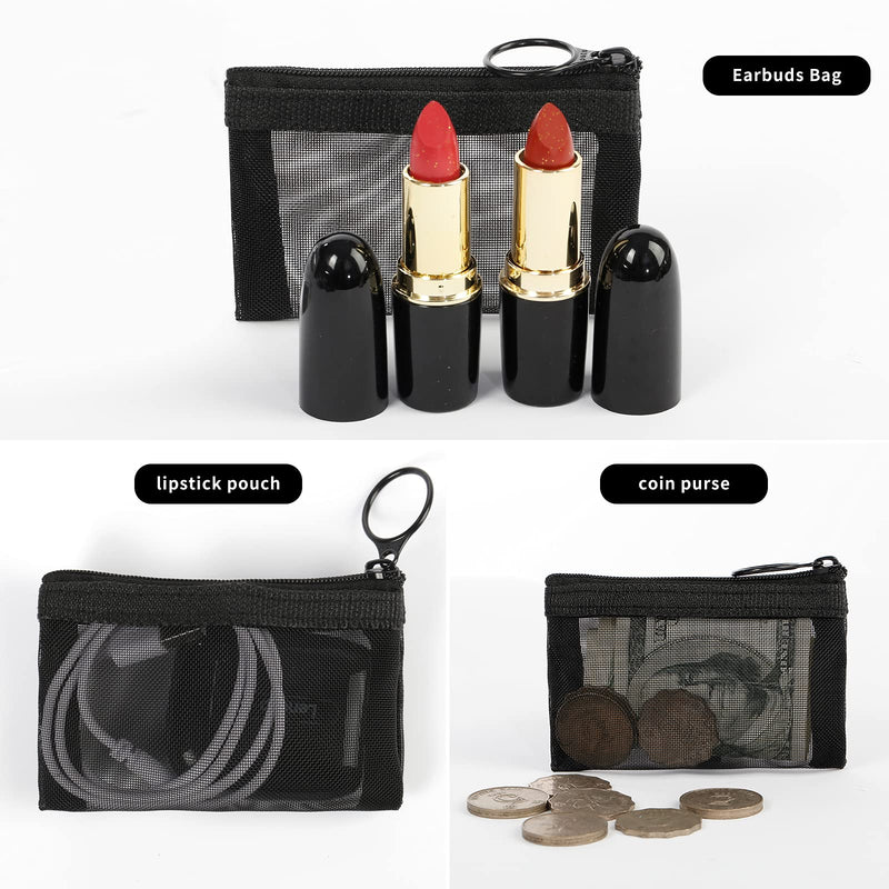 [Australia] - Patu Mini Zipper Mesh Bags, 3" x 4", Size XS / A8, 5 Pieces, Keychain Pouch Key Holder, Coin Purse, Clear Travel Kit Small Item Cosmetic Organizer, Black XS (5 pcs) 