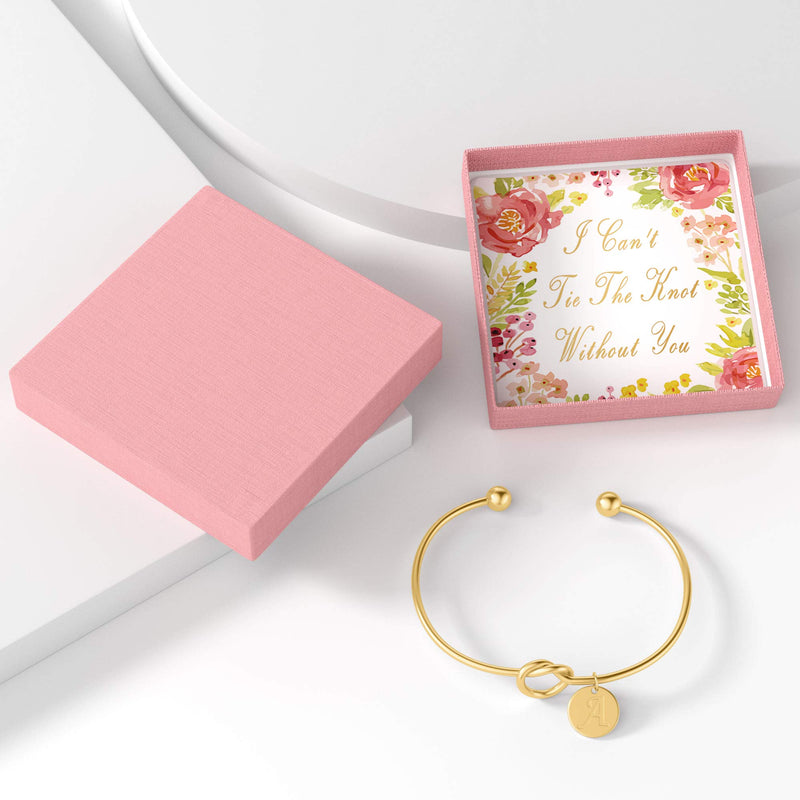 [Australia] - Cursive Initials Love Knot Bridesmaid Bracelets I Can't Tie The Knot Without You Bridesmaid Gifts Cards with Pink Gift Box Gold a 