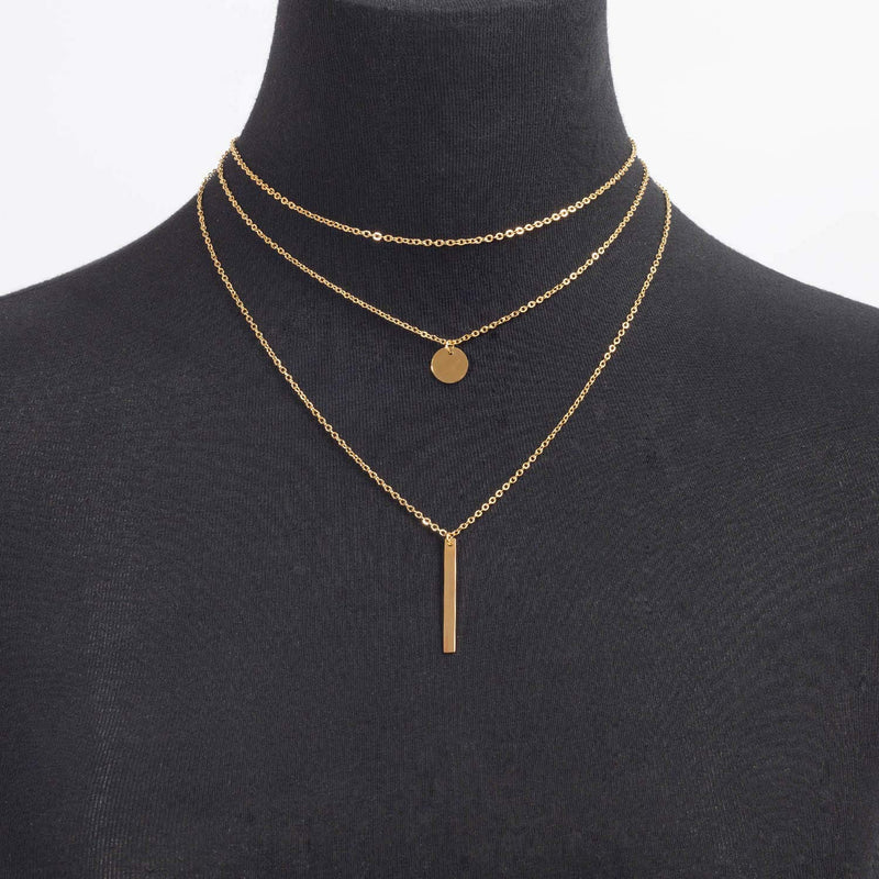 [Australia] - LETTARIUS Disc Bar Pendant Layering Necklace Stainless Steel Layered Chain Choker Gold 