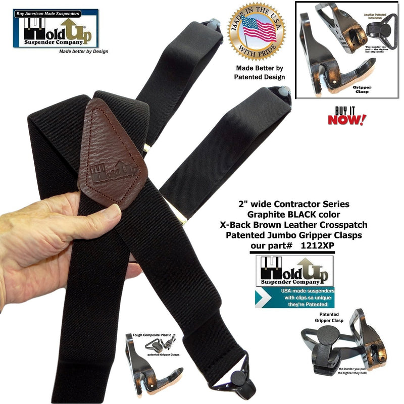 [Australia] - Holdup X-back Heavy Duty 2" Wide Graphite Black Suspenders with Patented jumbo Gripper Clasps 