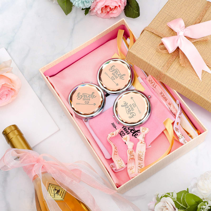 [Australia] - 21 Pieces Bridesmaid Proposal Present Set Bride Canvas Cosmetic Makeup Clutch Bags Compact Pocket Makeup Mirrors Bridemaid Love Knot Bracelets Bride Hair Tie for Bridal Shower 