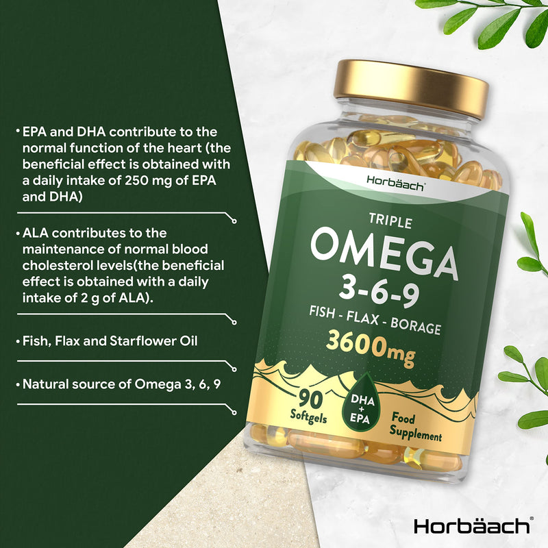 [Australia] - Triple Omega 3 6 9 | 3600mg | 90 Softgel Capsules | High Strength Supplement with EPA, DHA & ALA Essential Fatty Acids | Fish Oil, Flaxseed & Starflower Oil | by Horbaach 