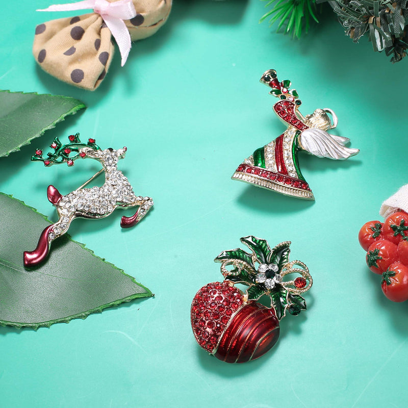 [Australia] - JOERICA 9PCS Christmas Brooch Pin Set for Women Men Reindeer Candy Cane Santa Socks Bell Christmas Tree Wreath Snowflake Enamel Brooch Pin Crystal Rhinestone Christmas Jewelry Gift B: Style 2 