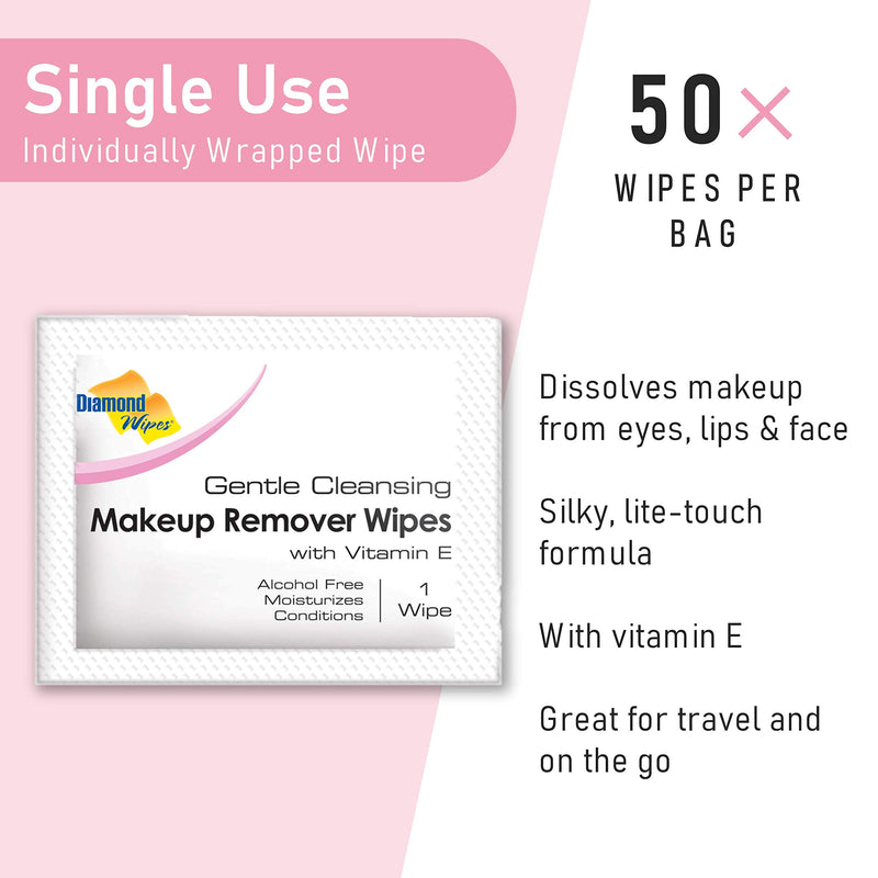 [Australia] - Diamond Wipes Gentle Makeup Remover Cleansing Face Wipes Pack of 50 Wipes Made with Vitamin E Perfect for Waterproof Makeup 